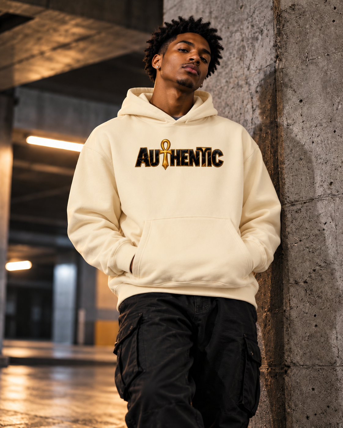 Authentic ankh cream hoodie lifestyle mockup