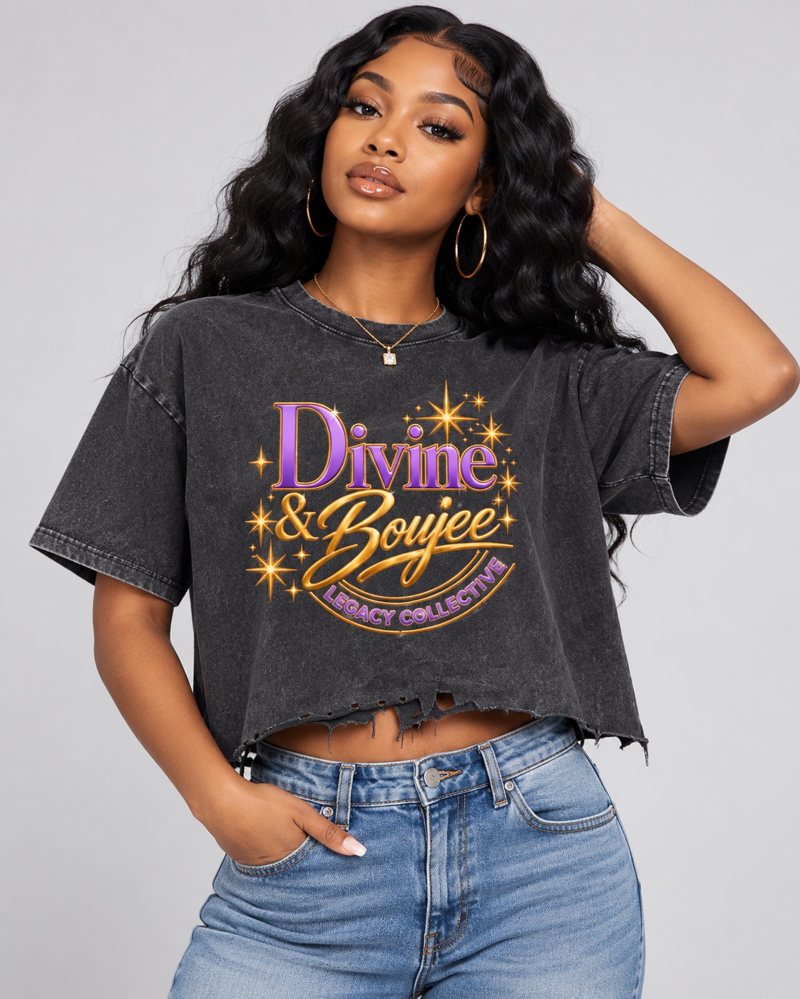 Divine and Boujee distressed boxy tee studio mockup