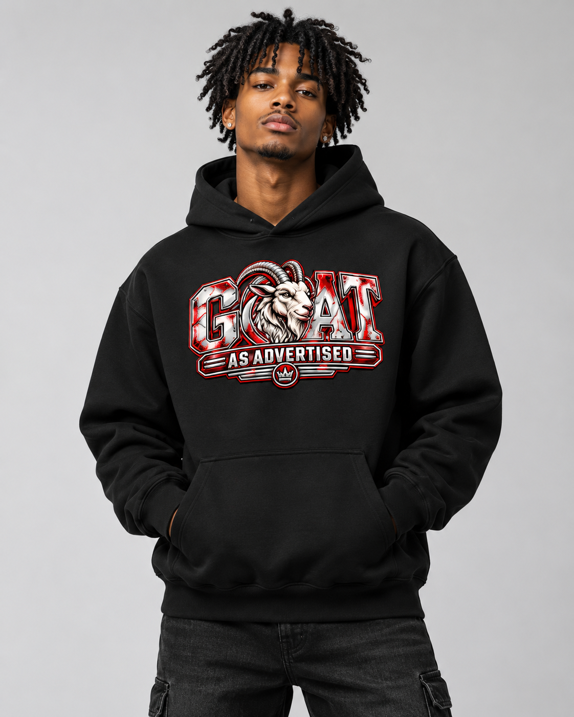 GOAT As Advertised black heavyweight hoodie studio mockup