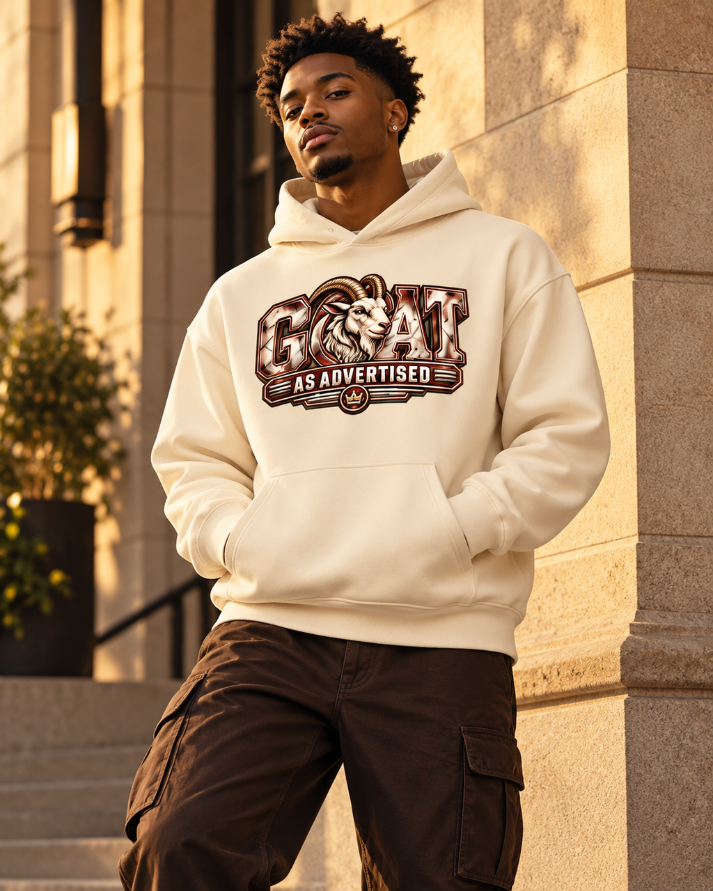 GOAT As Advertised camel heavyweight hoodie lifestyle mockup