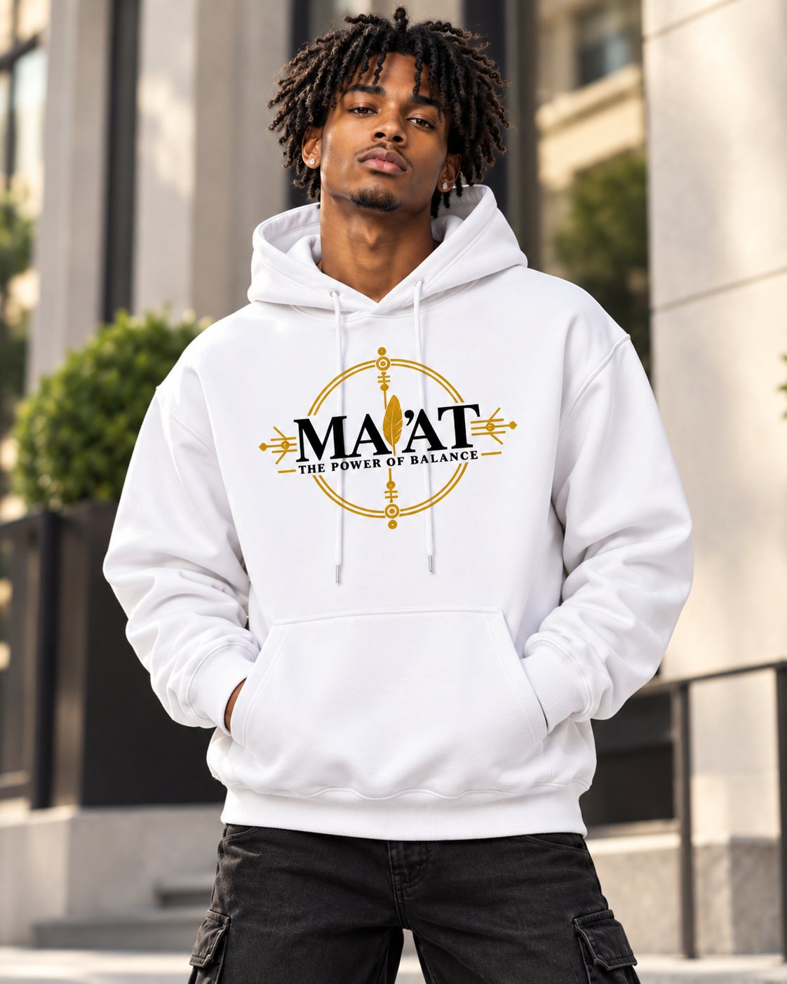 MA'AT The Power of Balance white hoodie lifestyle mockup